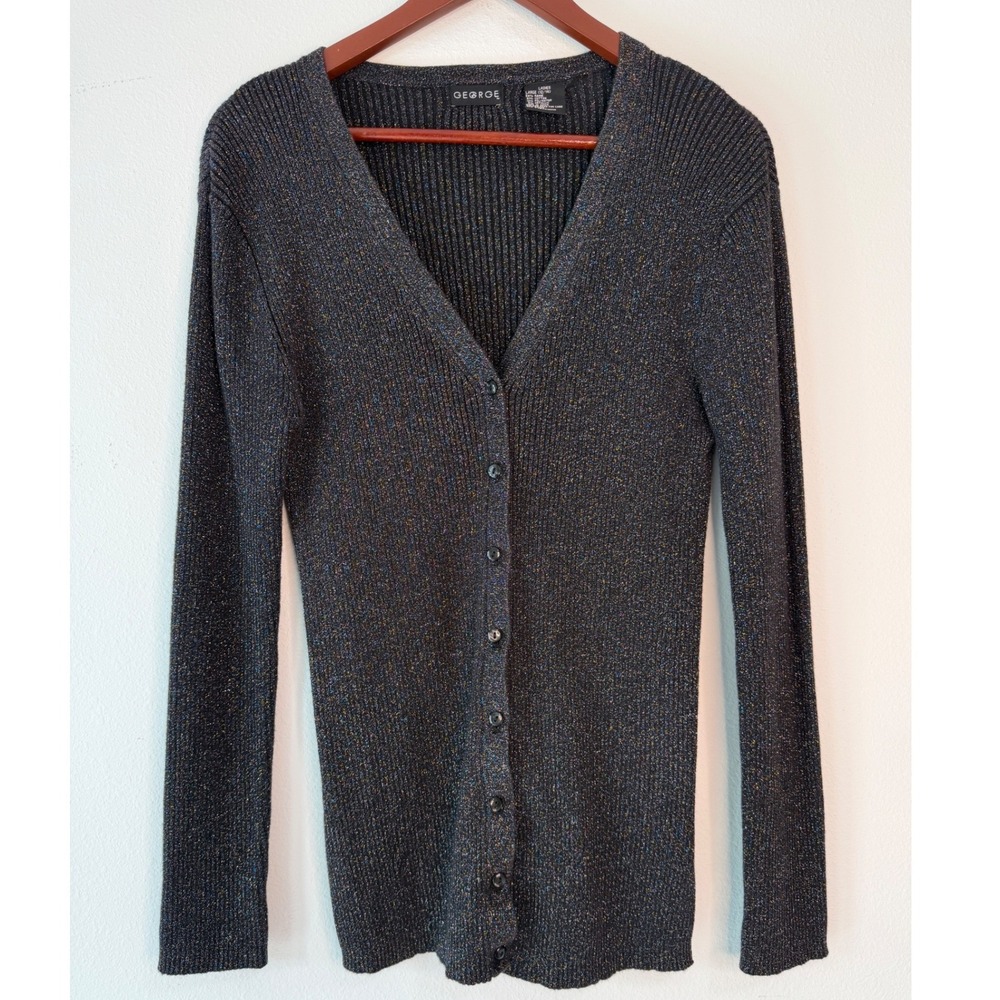 Vintage Y2K Metallic Rainbow Sparkle Black Cardigan Ribbed Knit Button Front LG